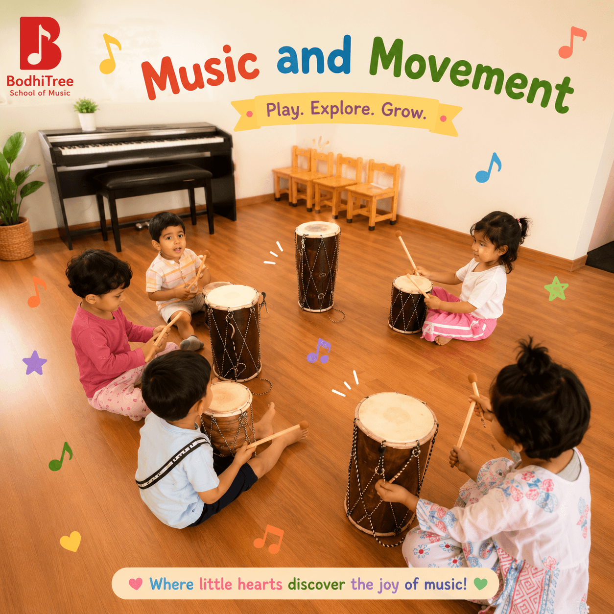 Children exploring music and movement at BodhiTree